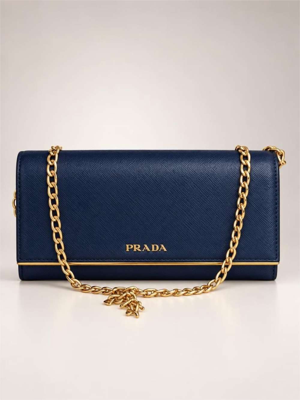 Prada Navy Saffiano Leather Crossbody with Gold Chain Strap